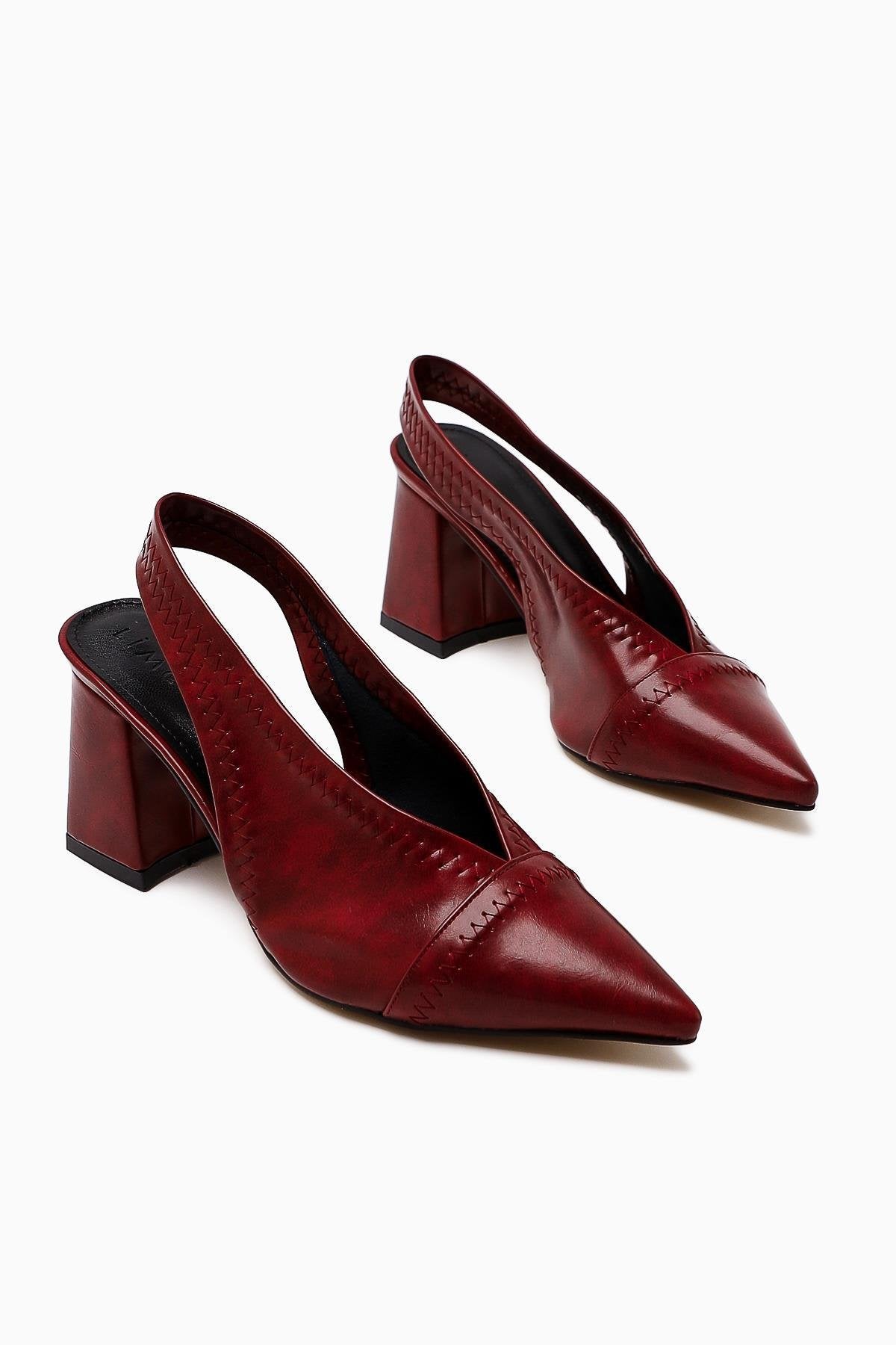 Essie Burgundy Pointed Toe Elastic Stitch Detail Chunky Heels