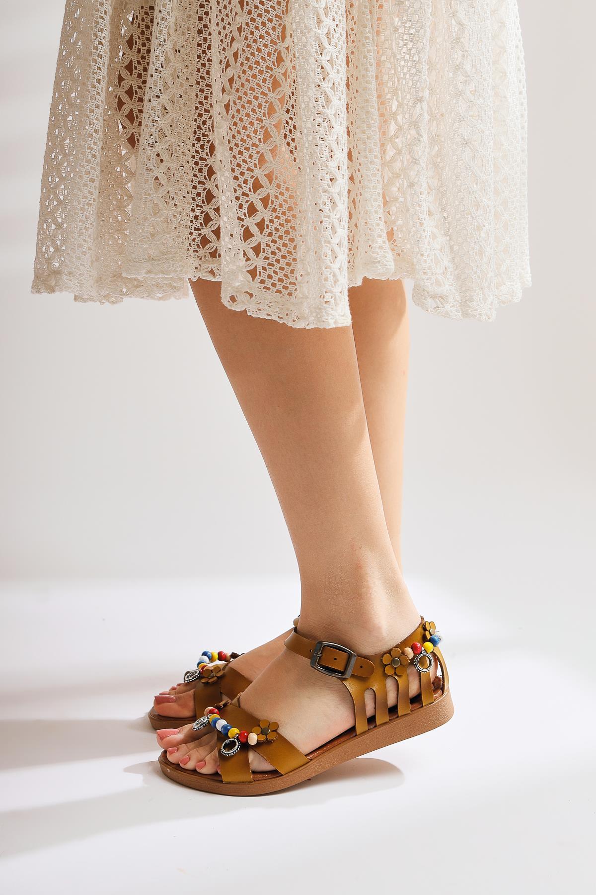 Alize Genuine Leather Mustard Sandals with Bead and Leaf Details