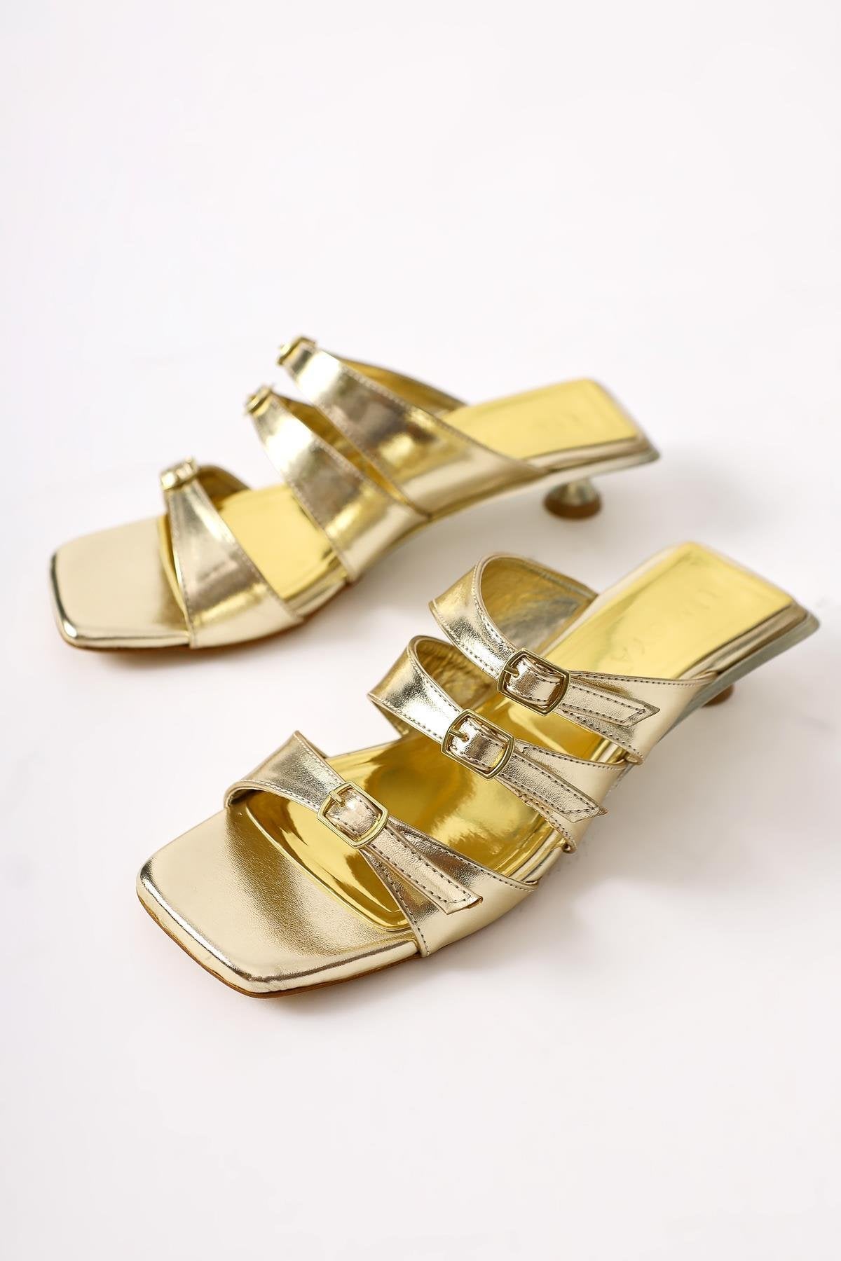 Mellanie Gold Patent Leather Triple Strap Low Heel Slides