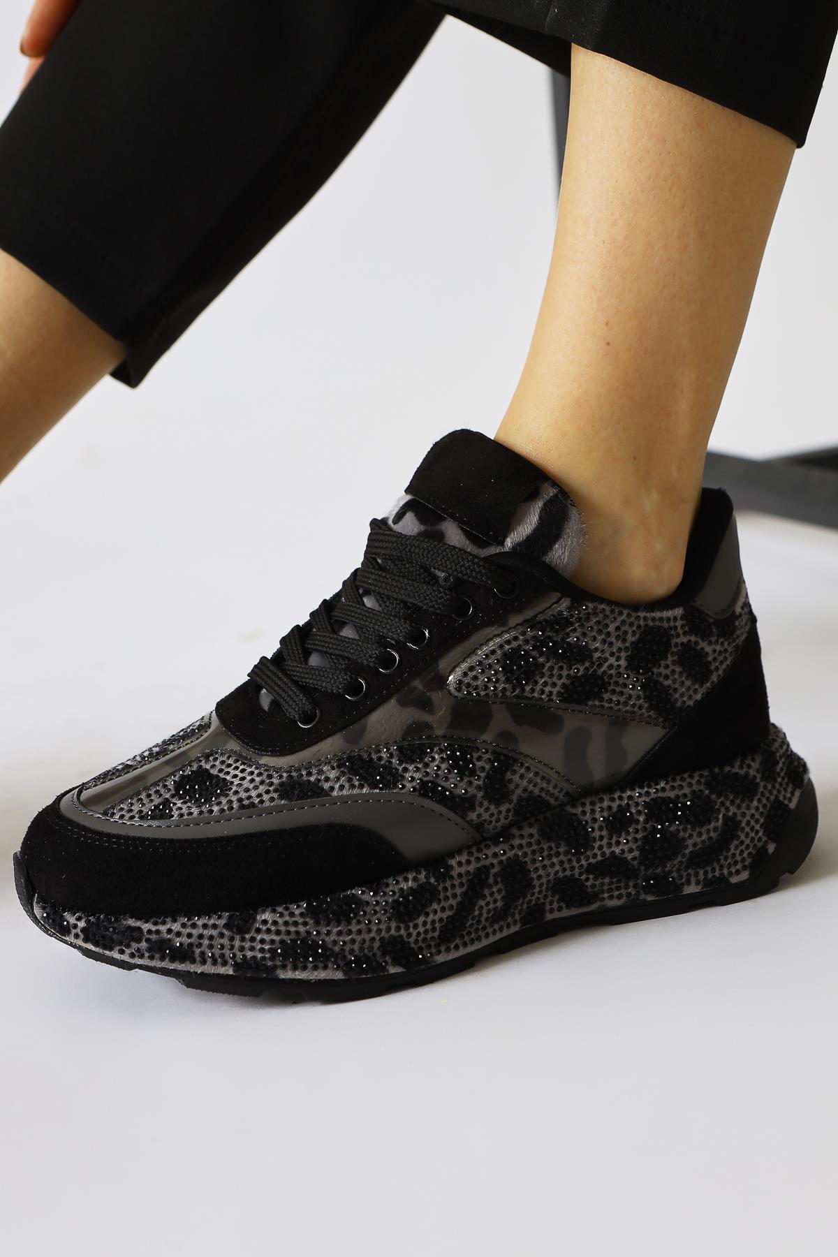 Kada Gray Leopard Print Sneakers with Gem Detail