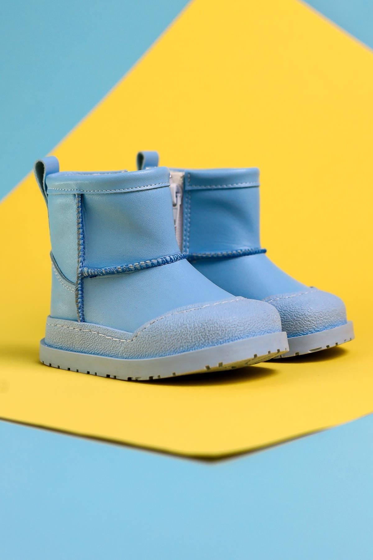 Gilla Blue Reverse Stitch Detailed Furry Lined Baby Boots