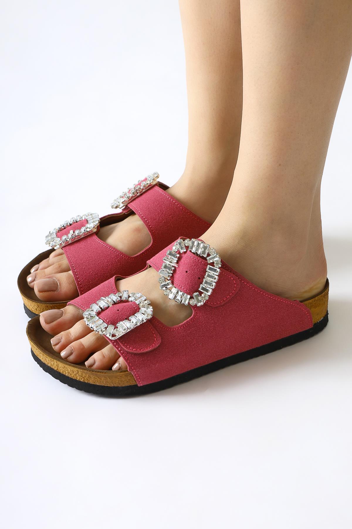 Brisa Fuchsia Suede Slippers with Stone Detail and Double Straps