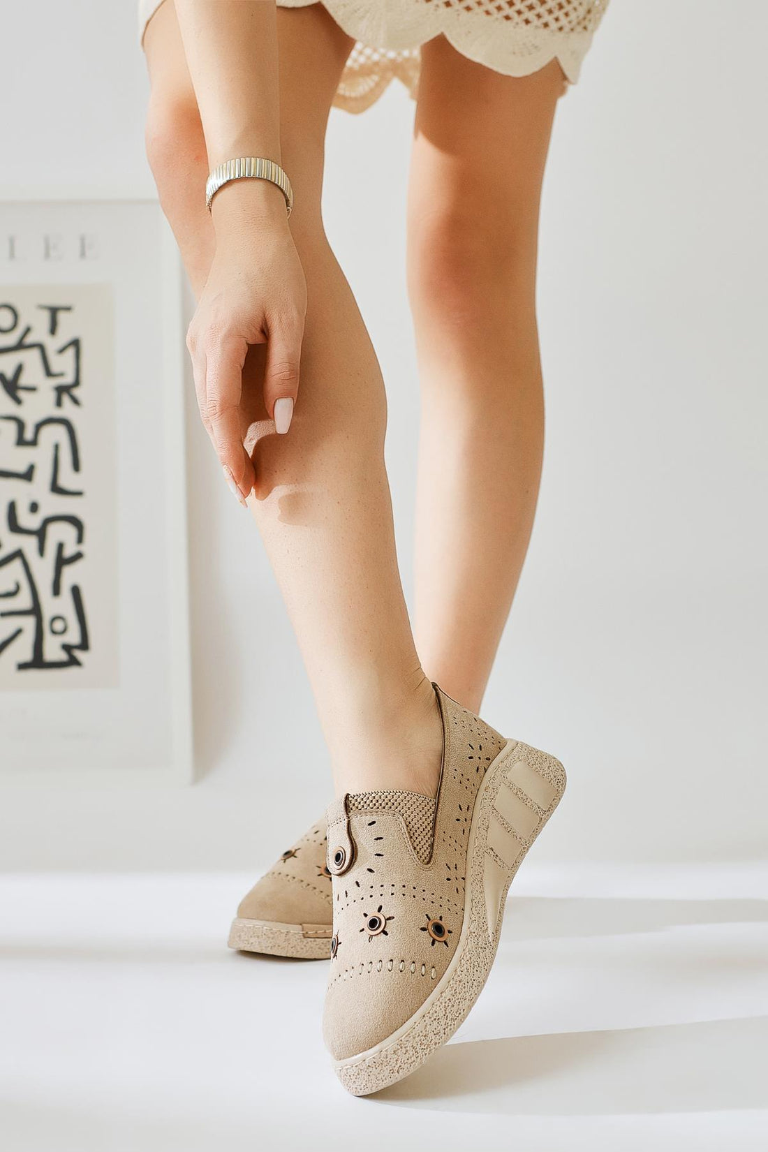 Bethina – Beige Suede Rivet-Detail Laser-Cut Ballet Flat (Women)