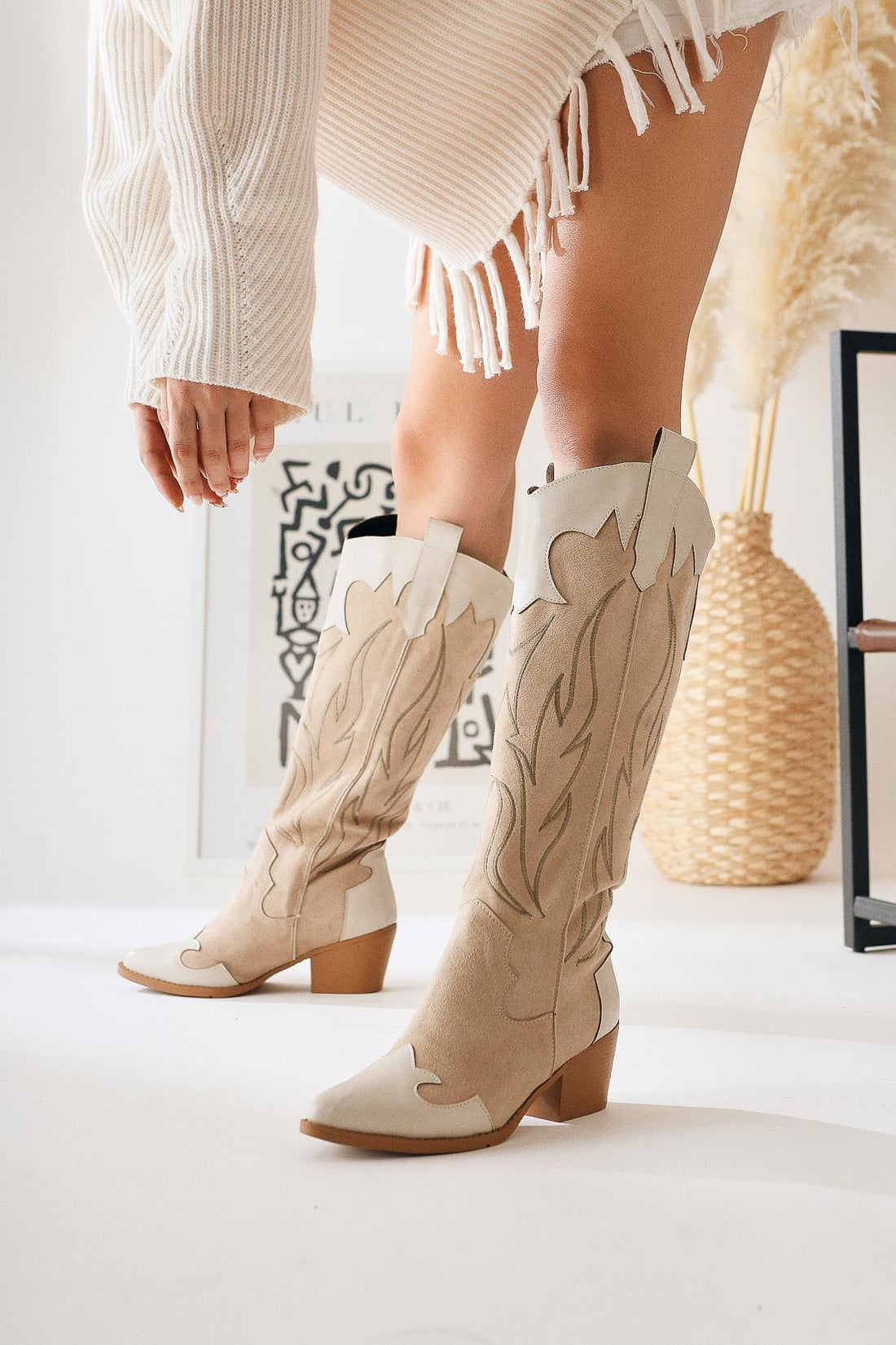 Bahar – Beige Suede Embroidered Leather-Look Detail Heeled Western Knee-High Boot (Women)