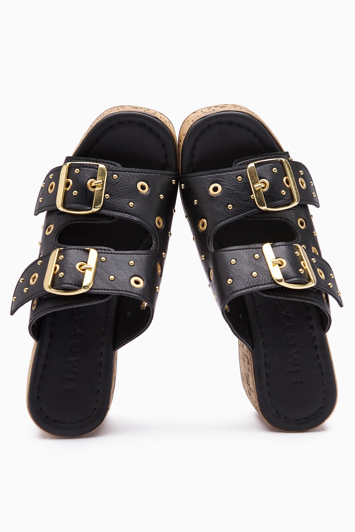 Genja Black Chunky Heel Women's Slides with Straps