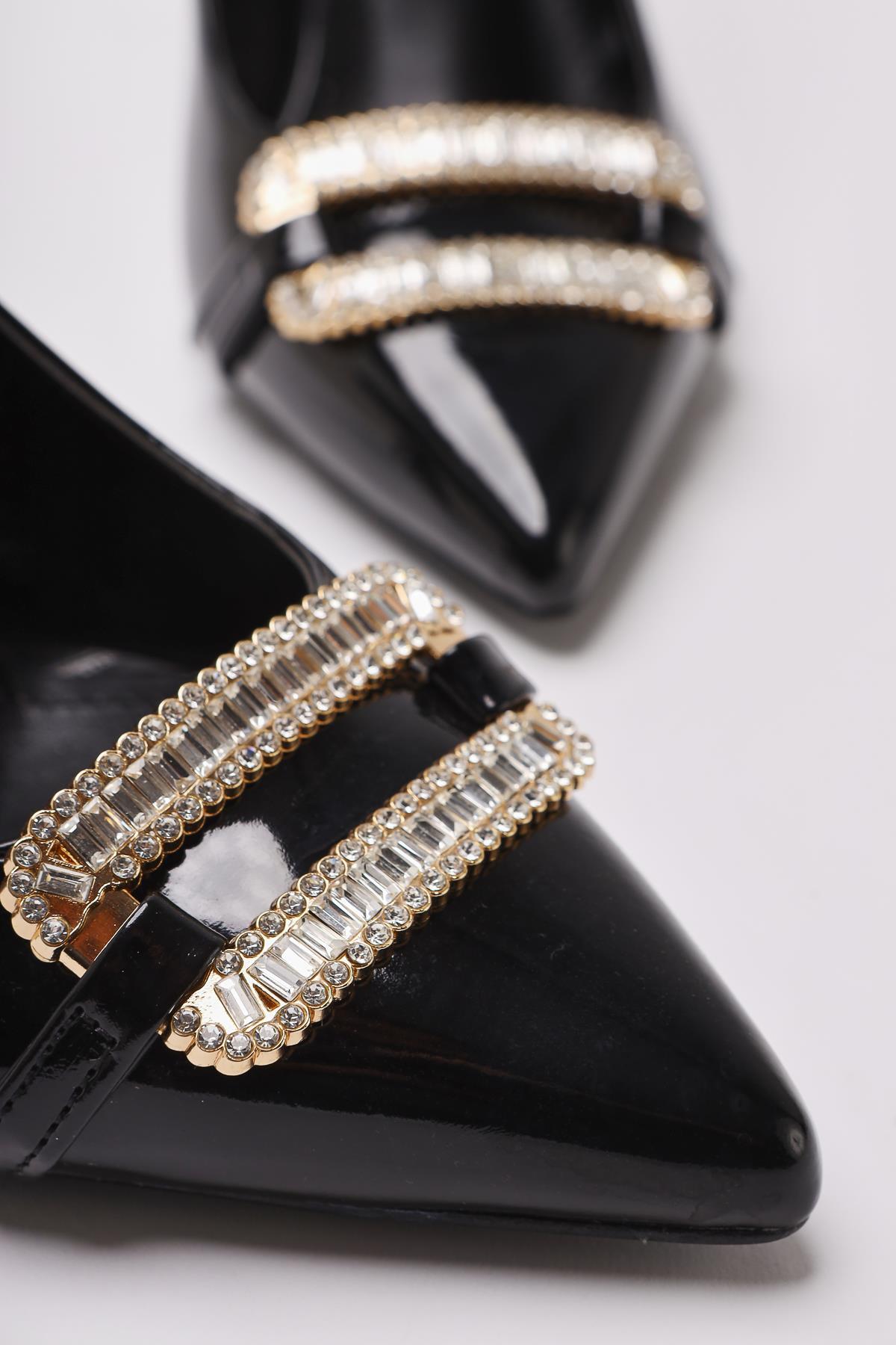 Ania Black Patent Pointed Toe Women's Heels with Rhinestone Buckle Detail