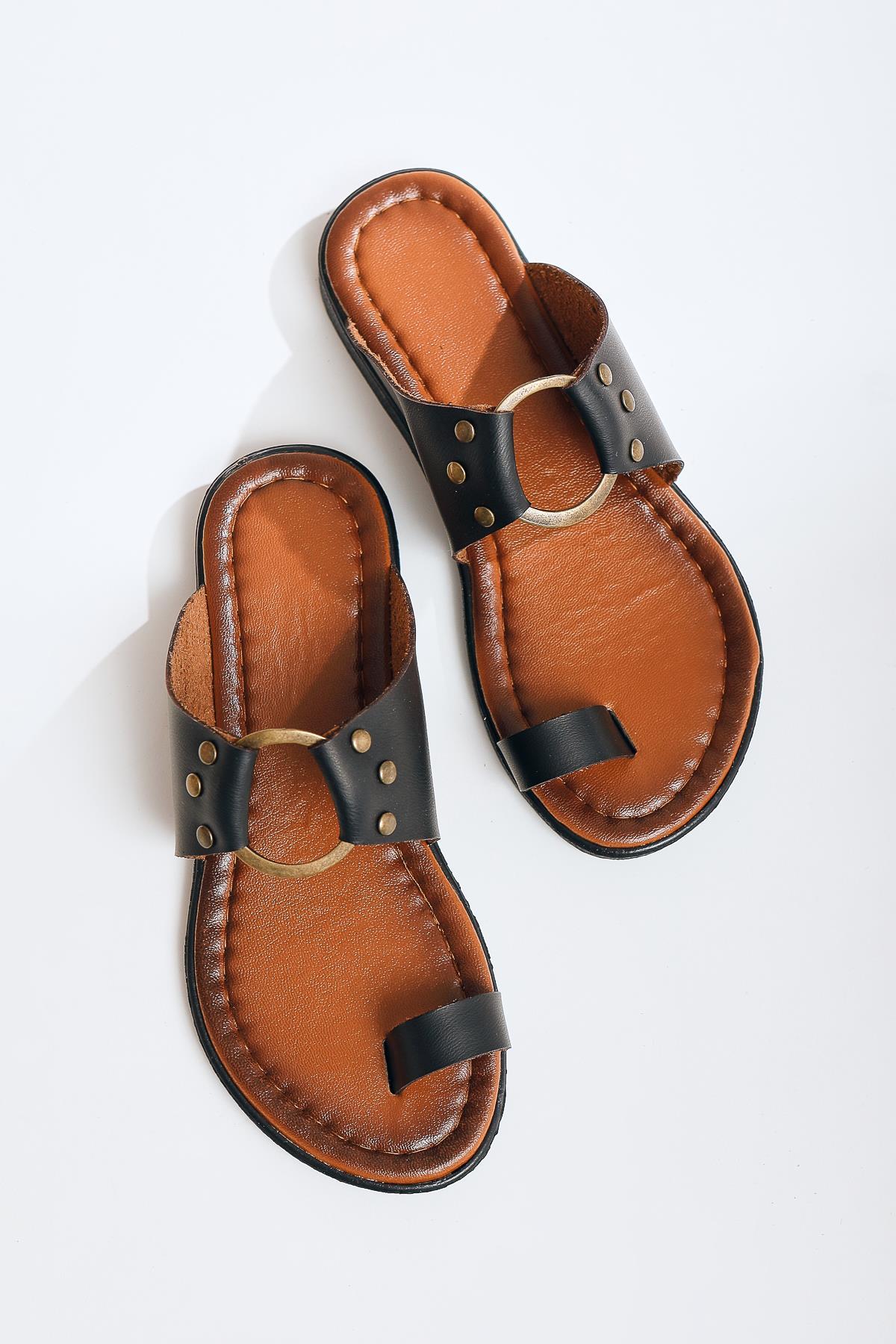 Bitania Genuine Leather Black Flip Flop Slippers