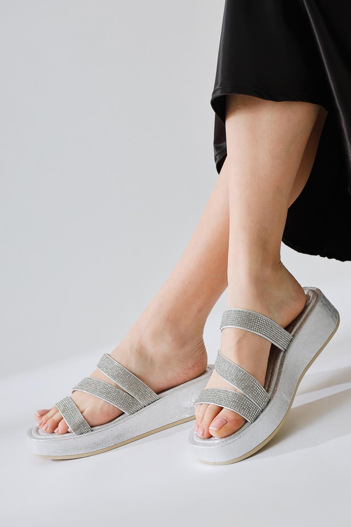 Vinita – Silver Three-Strap Stone-Embellished Slide (Women)