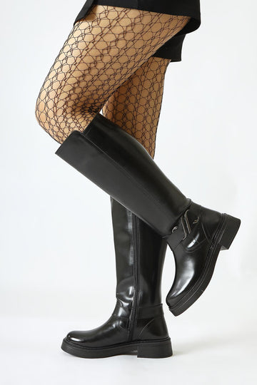 Birgita Black Patent Zip-Up Boots with Buckle Detail