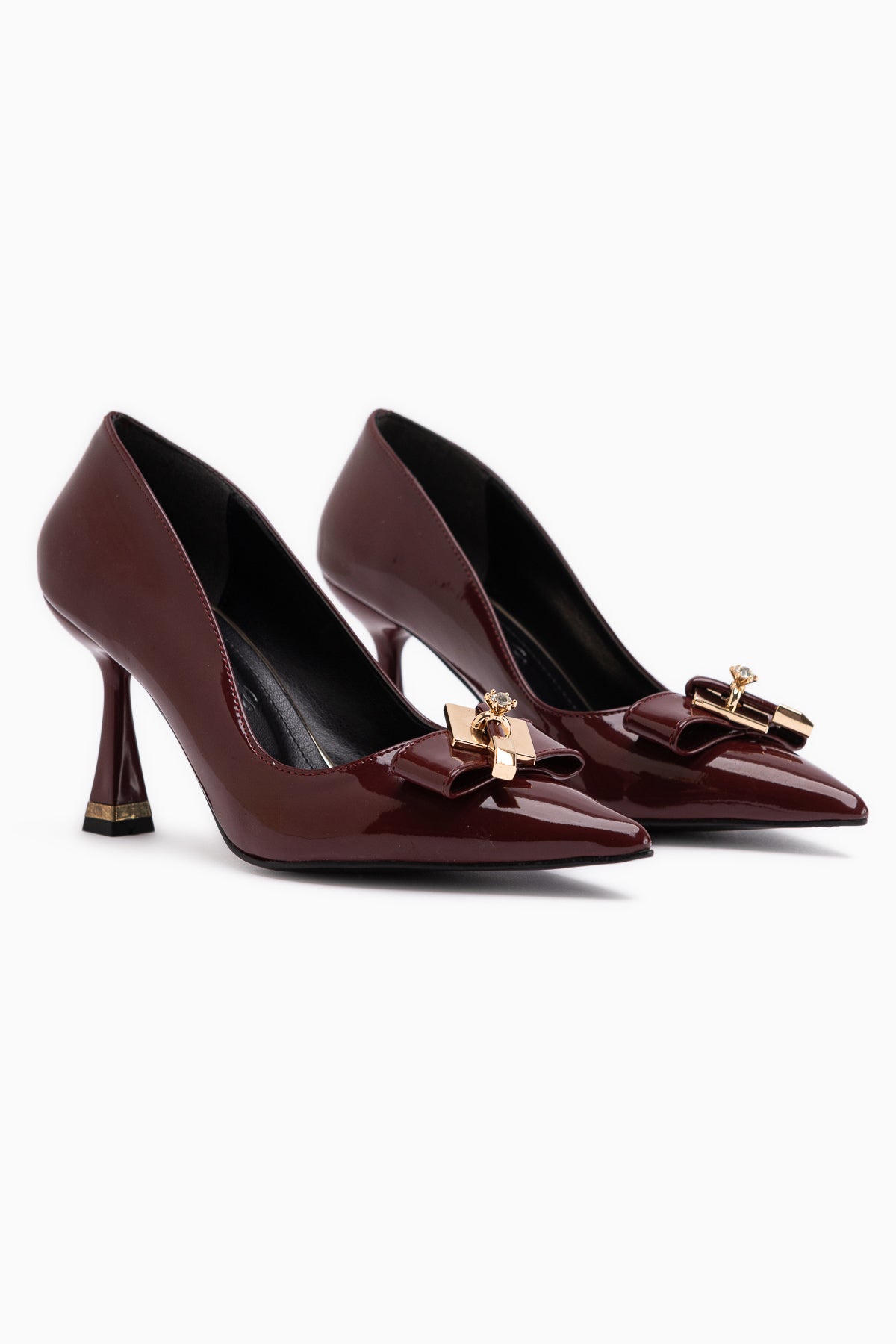 Mimosa Burgundy Patent Leather Pointed Toe Single Stone Buckle Detailed Women’s Heeled Shoes
