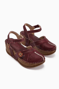 Genuine Leather Katlyn Bordeaux Flower Detailed Closed Toe Wedge Sandal