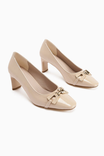 Misha Beige Patent Leather Buckled Women's Heels