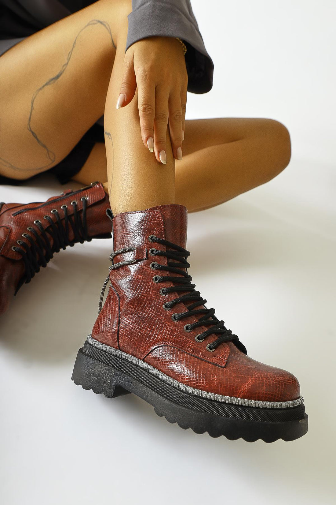 Dylan – Burgundy Shiny-Piped Ankle-Strap Combat Boot (Women)
