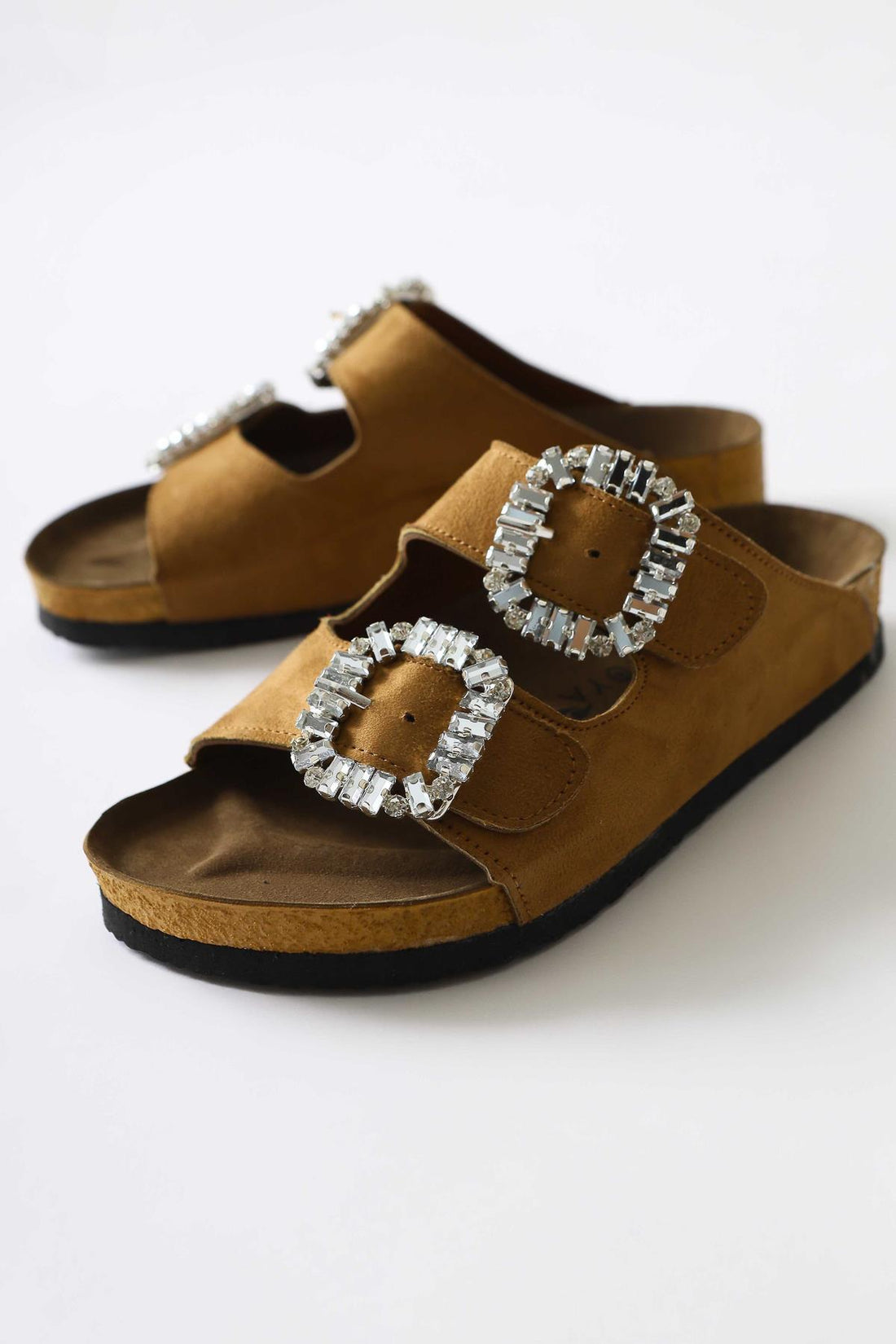 Brisa Double Strap Suede Slides in Taba with Stone Detailing