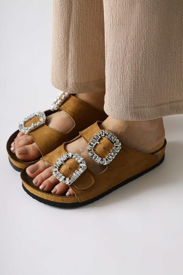Brisa Double Strap Suede Slides in Taba with Stone Detailing
