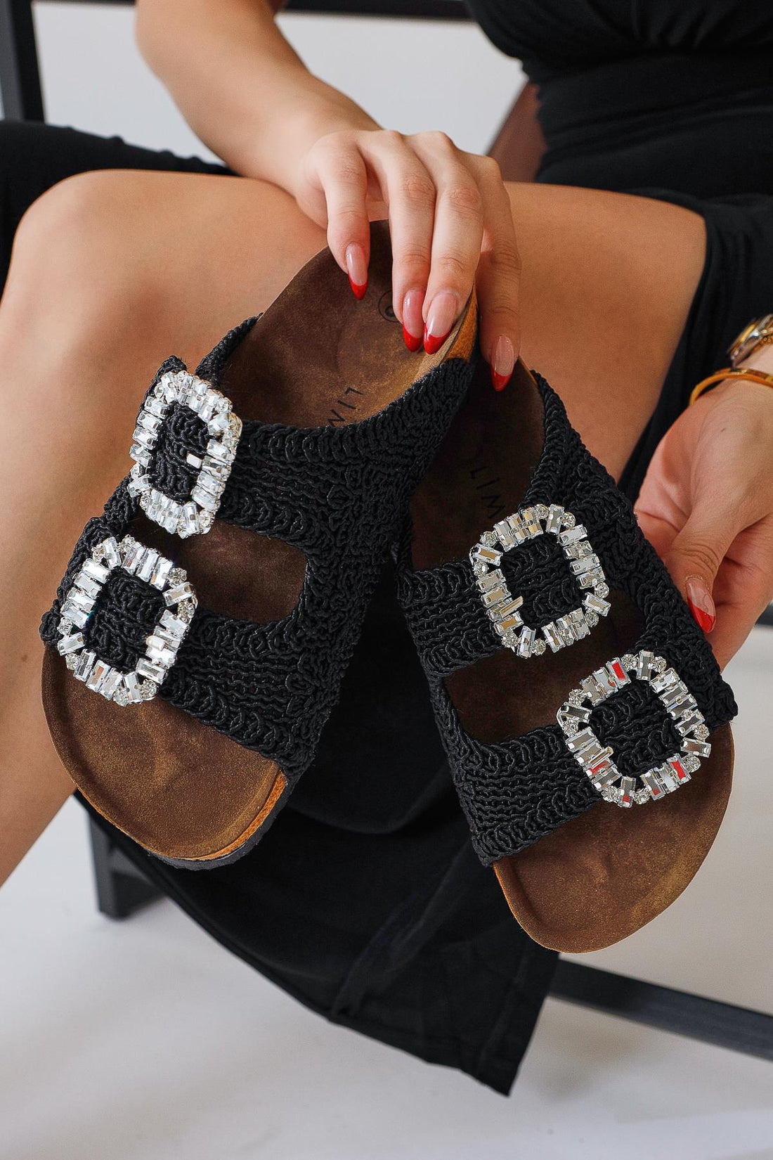 Ellina Black Double Strap Stone Detail Women’s Woven Slippers