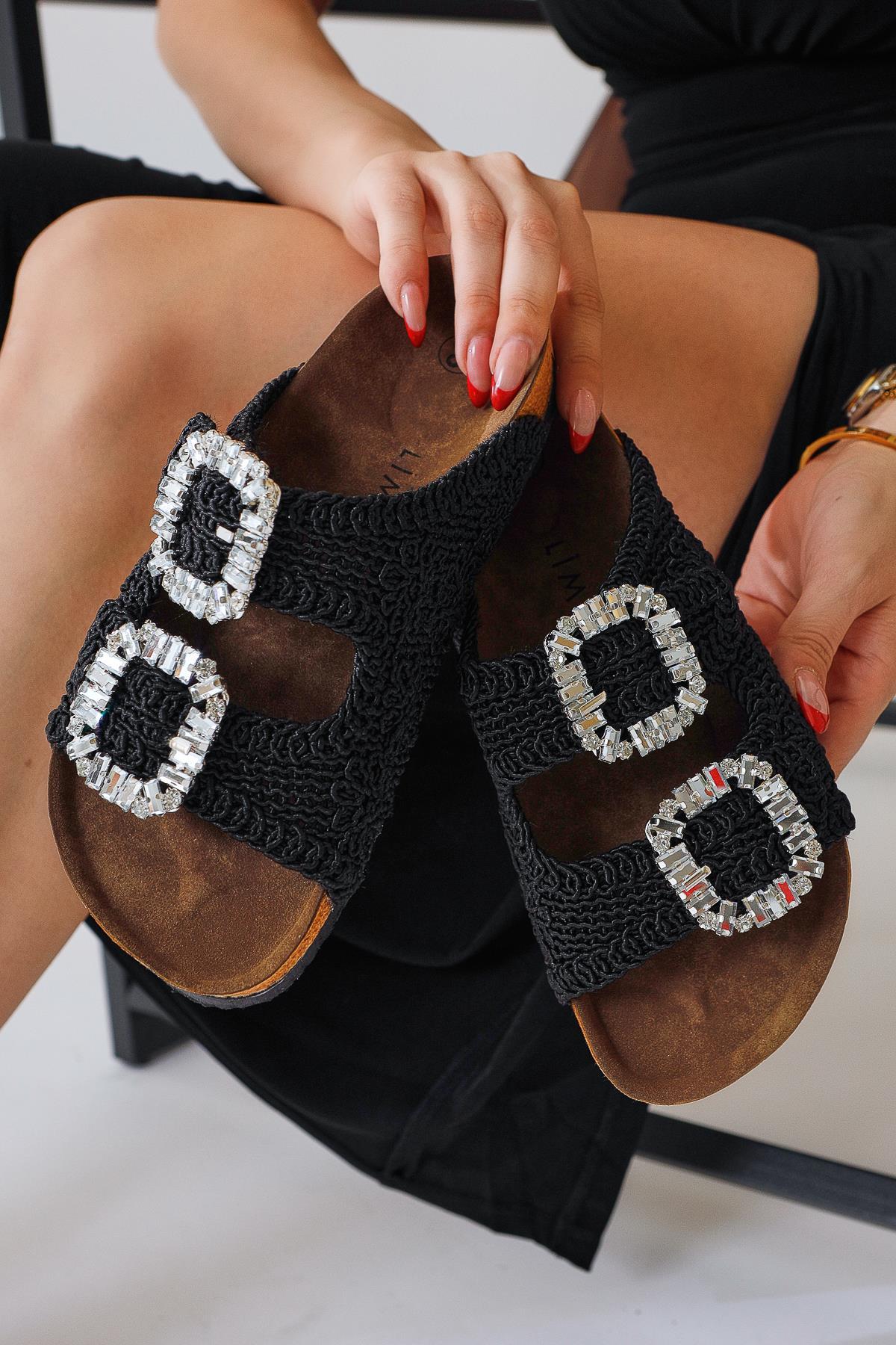 Ellina Black Double Strap Gemstone Buckle Detail Woven Slipper