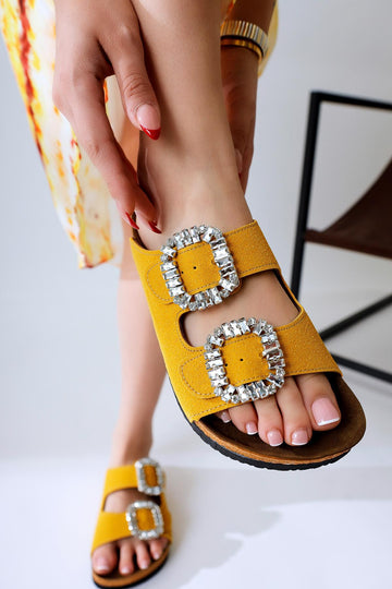 Brisa Yellow Double Strap Slippers with Stone Buckle Details