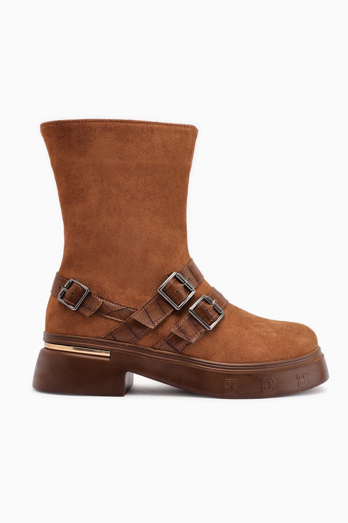 Mieke Tan Suede Double Buckle Zipper Women’s Boots