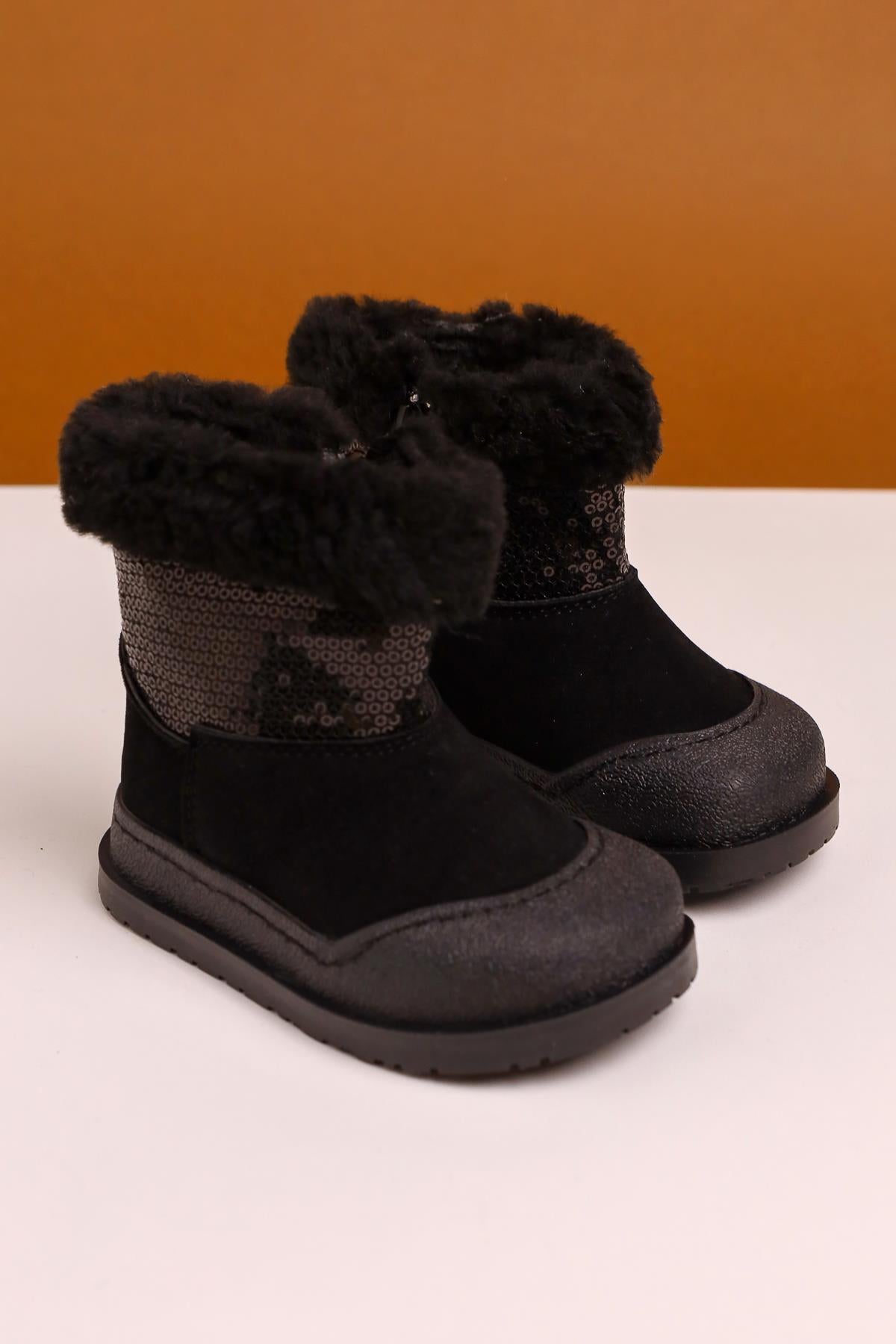 Eleen Black Sequined Fur-Lined Baby Boots