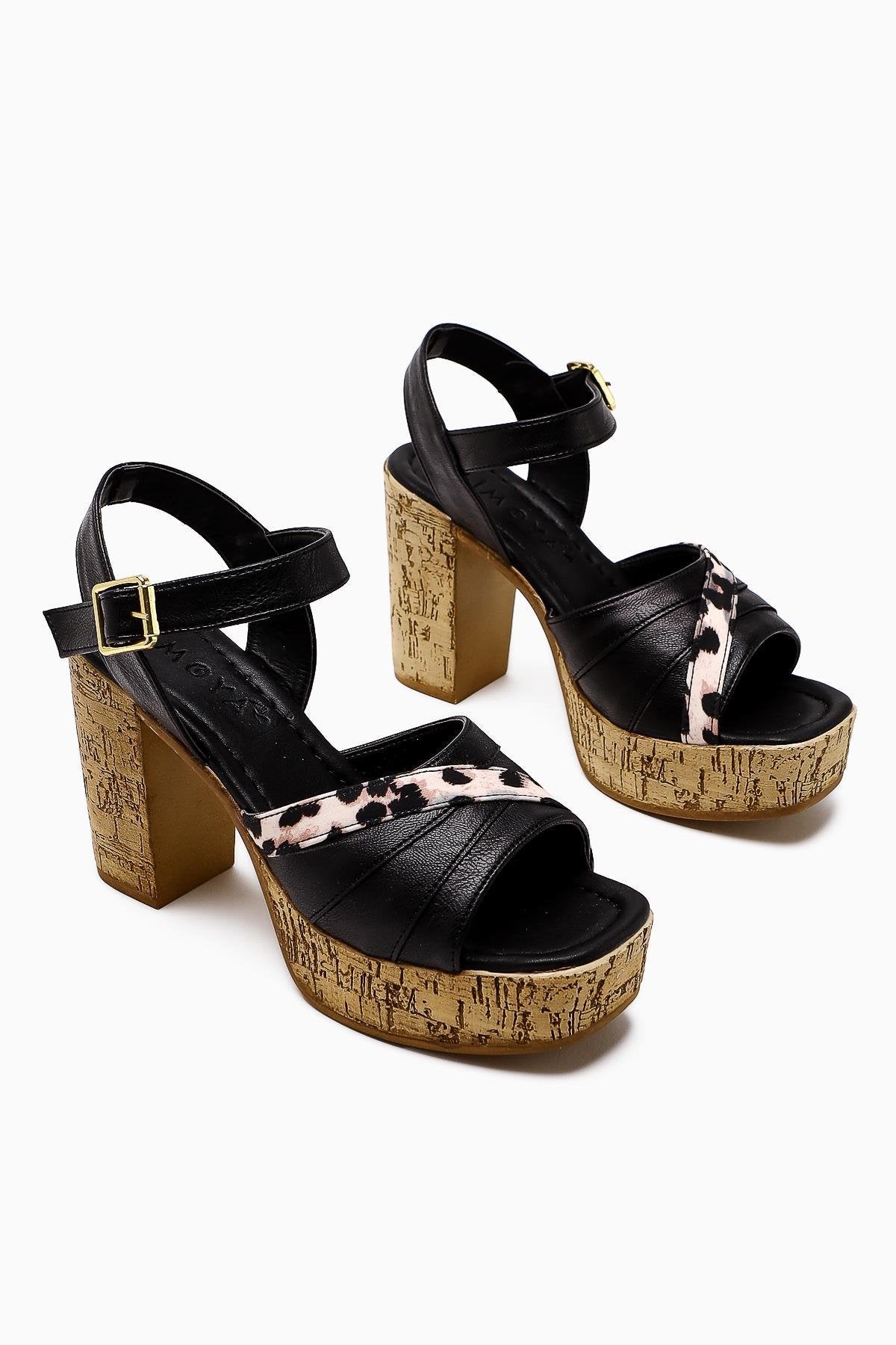 Farah Black Platform Wedge Sandals with Leopard Detail