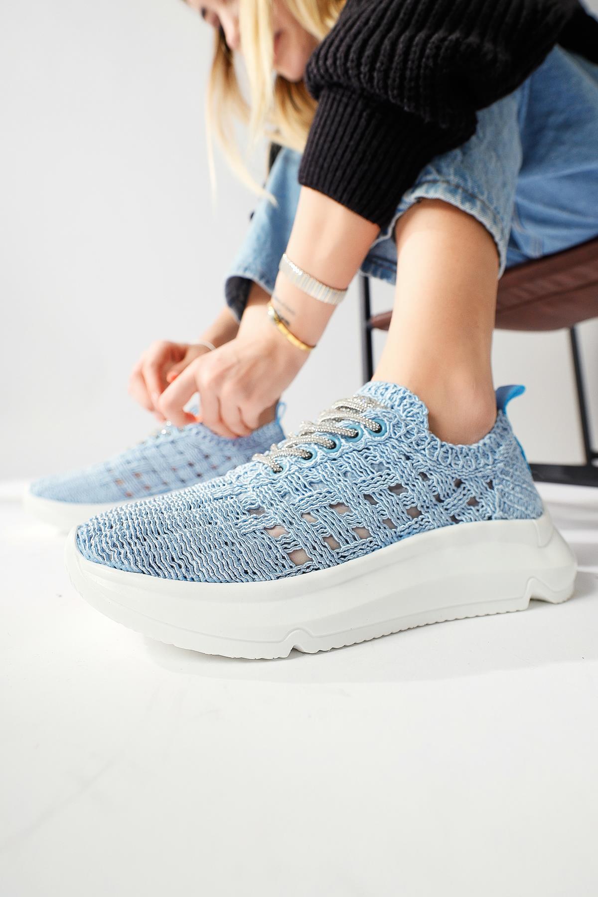 Melisia Blue Stone-Detailed Knit Sneakers