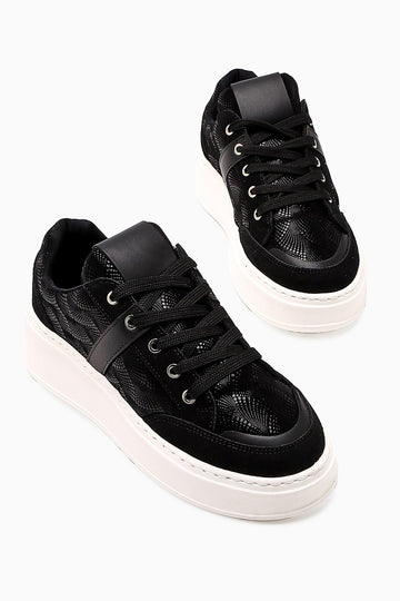 Julissa – Black Suede Shiny-Pattern Thick Sole Sneakers (Women)