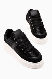 Julissa – Black Suede Shiny-Pattern Thick Sole Sneakers (Women)