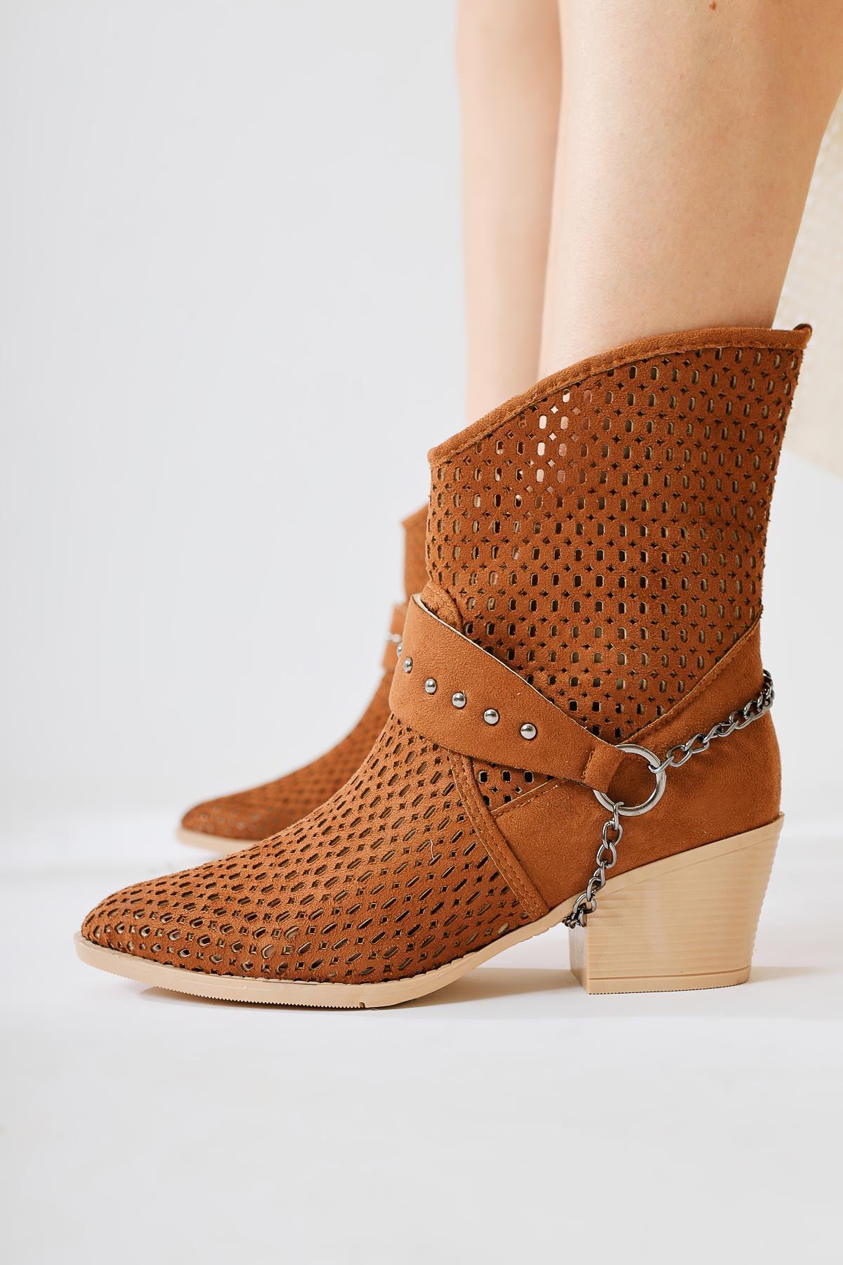 Olinda - Cognac Suede Laser-Cut Pointed-Toe Chain-Detail Summer Western Boot (Women)