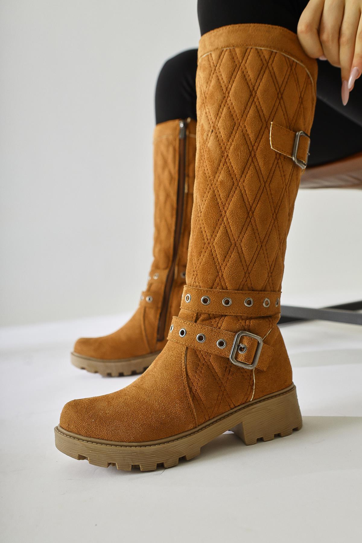 Carma Taba Suede Belt Detail Quilted Stitch Boot