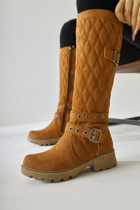 Carma Taba Suede Belt Detail Quilted Stitch Boot