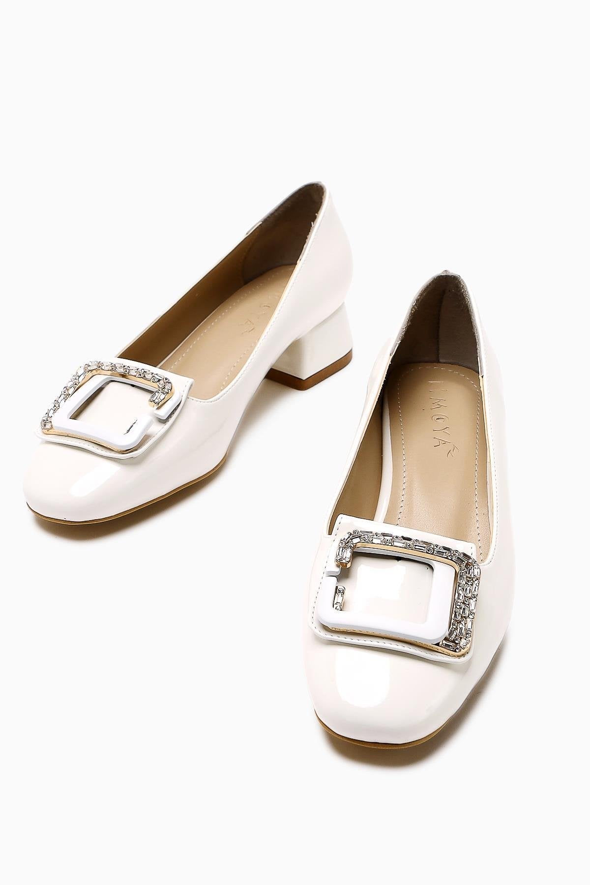 Roza – White Patent Stone-Embellished Low-Heel Shoe (Women)