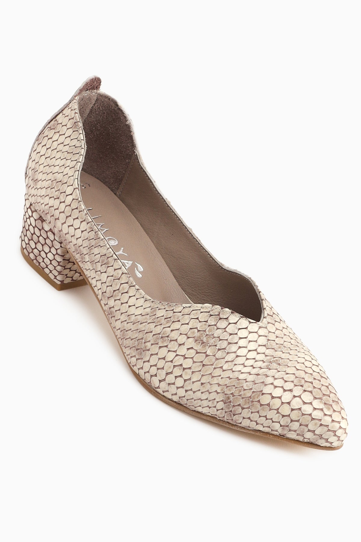 Samia Genuine Leather Beige Snake Pattern Thick Heeled Women’s Shoes