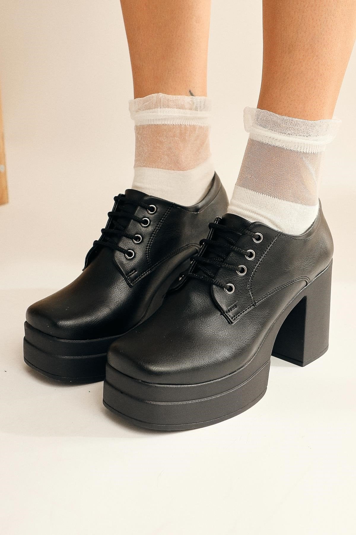 Audrina – Black Lace-Up Heeled Platform Shoe (Women)