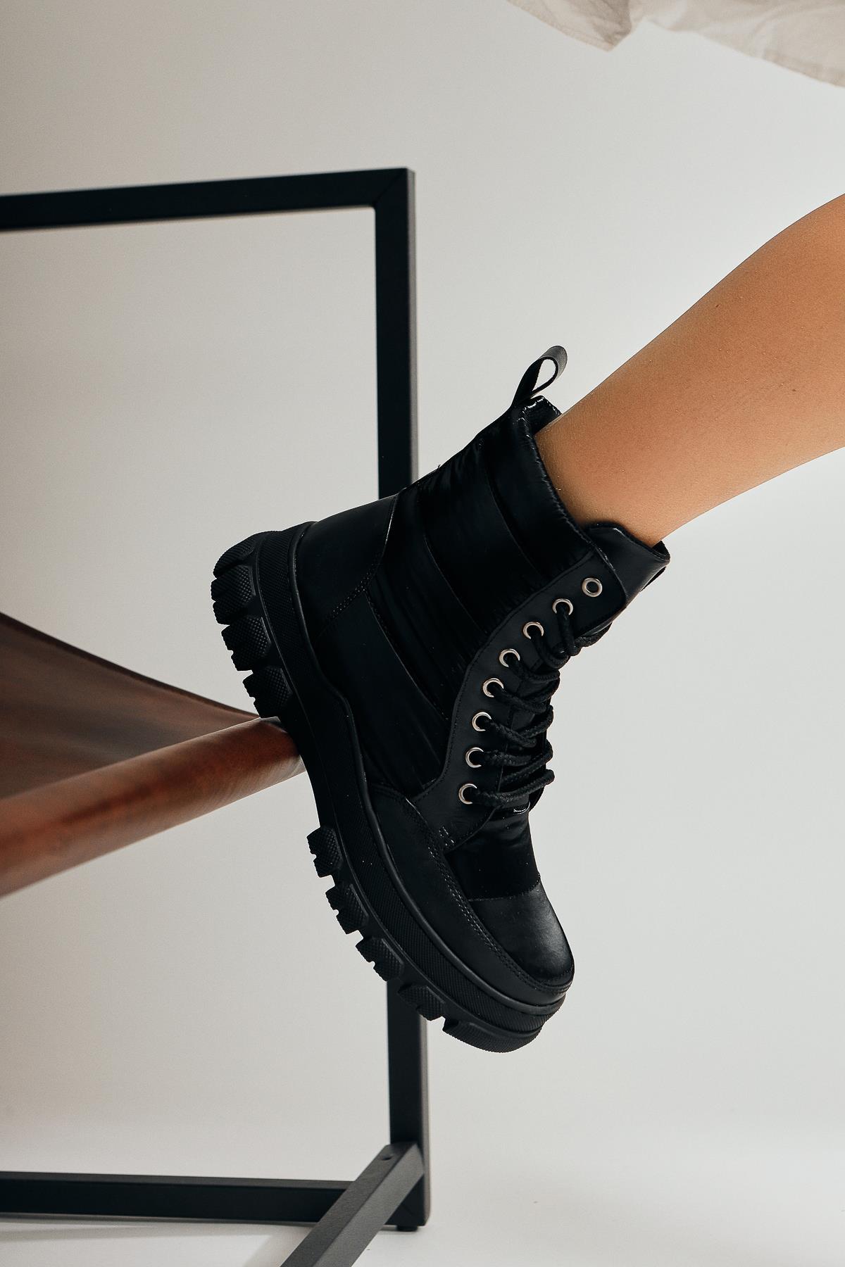 Meredith – Black Reflective Fabric-Detail Lace-Up Boot (Women)