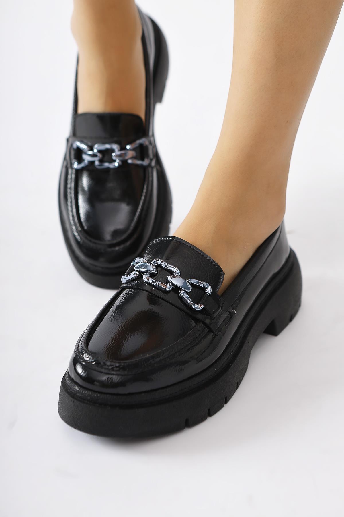 Roxne Black Crinkled Patent Leather Moccasin Shoes with Buckle Detail