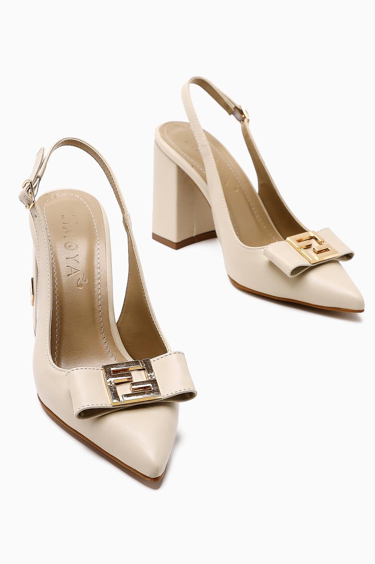 Yupin Beige Metal Detailed Closed Toe Women’s Heeled Shoes