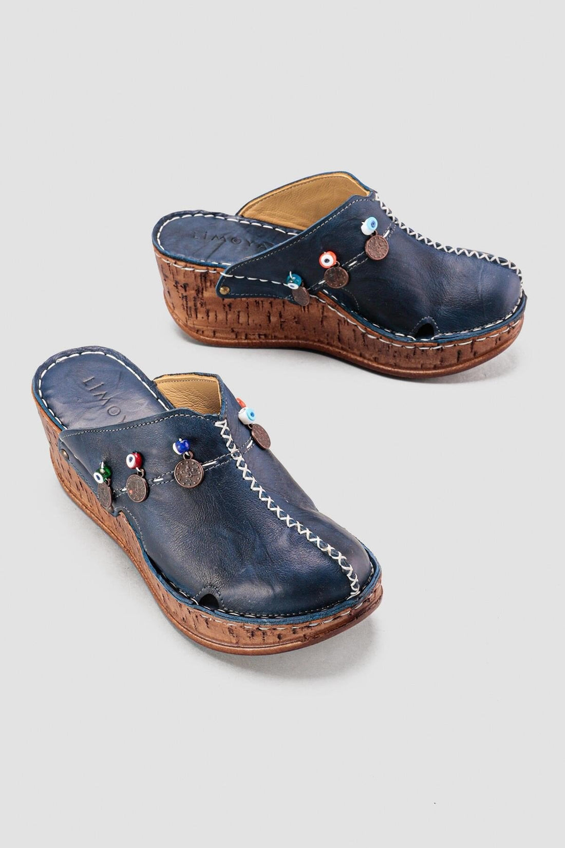 Annika – Genuine Leather Royal Blue Antique-Detail Wedge Clog Slide (Women)