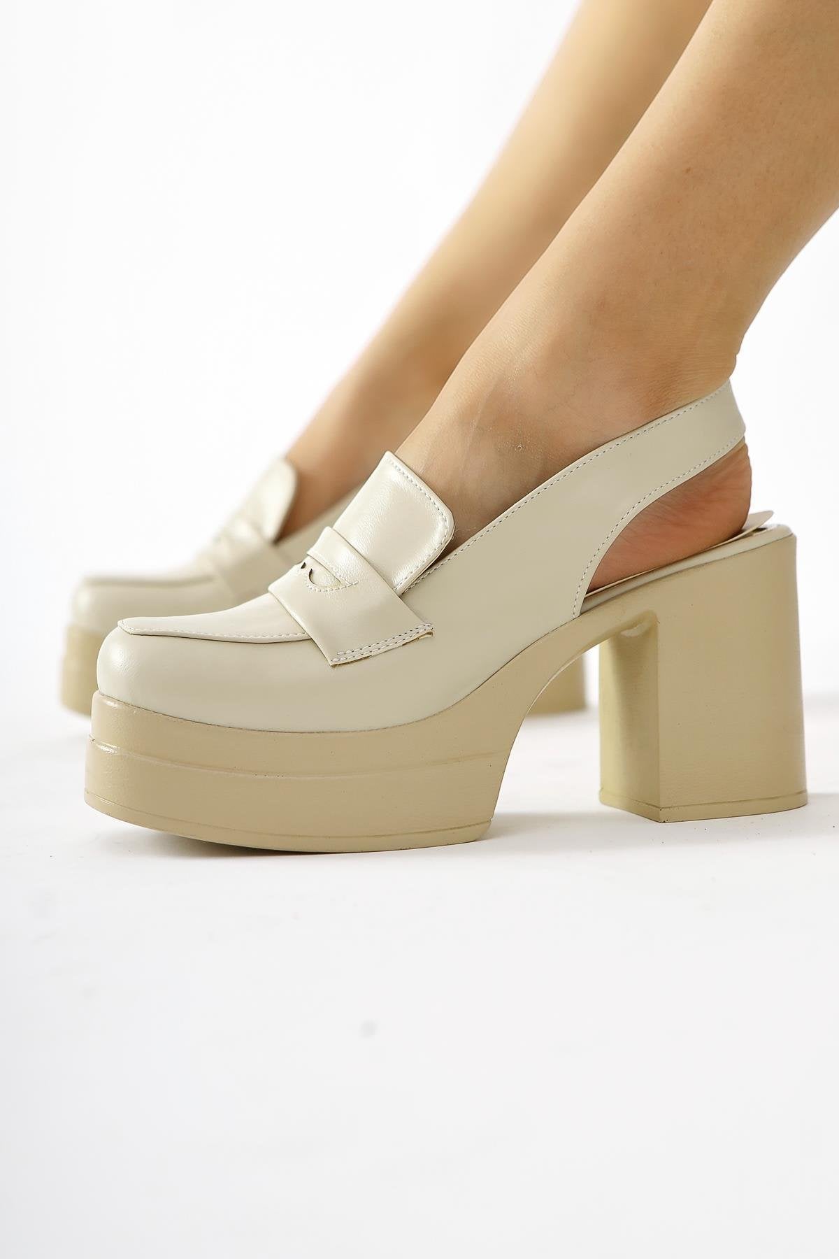 Neval Genuine Leather – Beige Platform Heel Heel-Cutout Casual Shoe (Women)