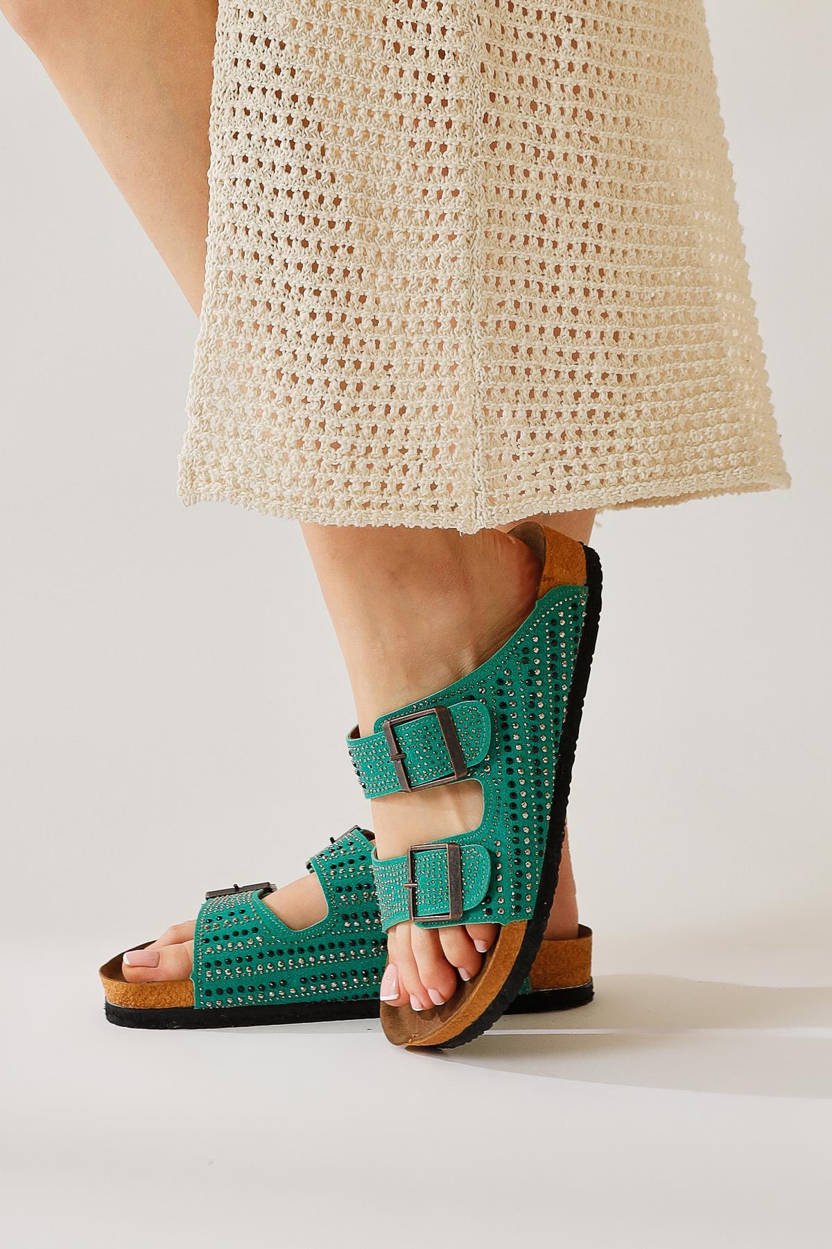 Aire Green Double-Strap Gemstone Detail Slides