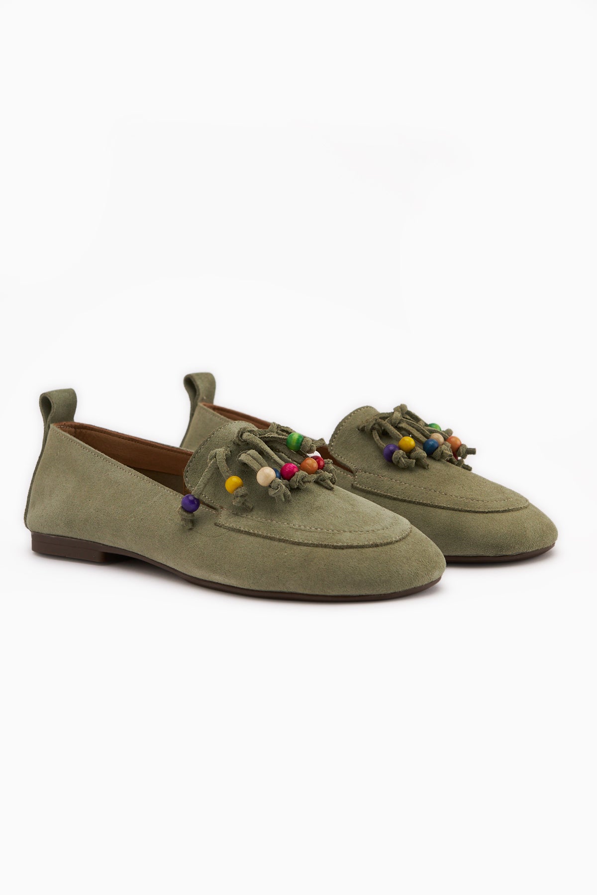 Benita Genuine Leather Khaki Beaded Detailed Women’s Loafer