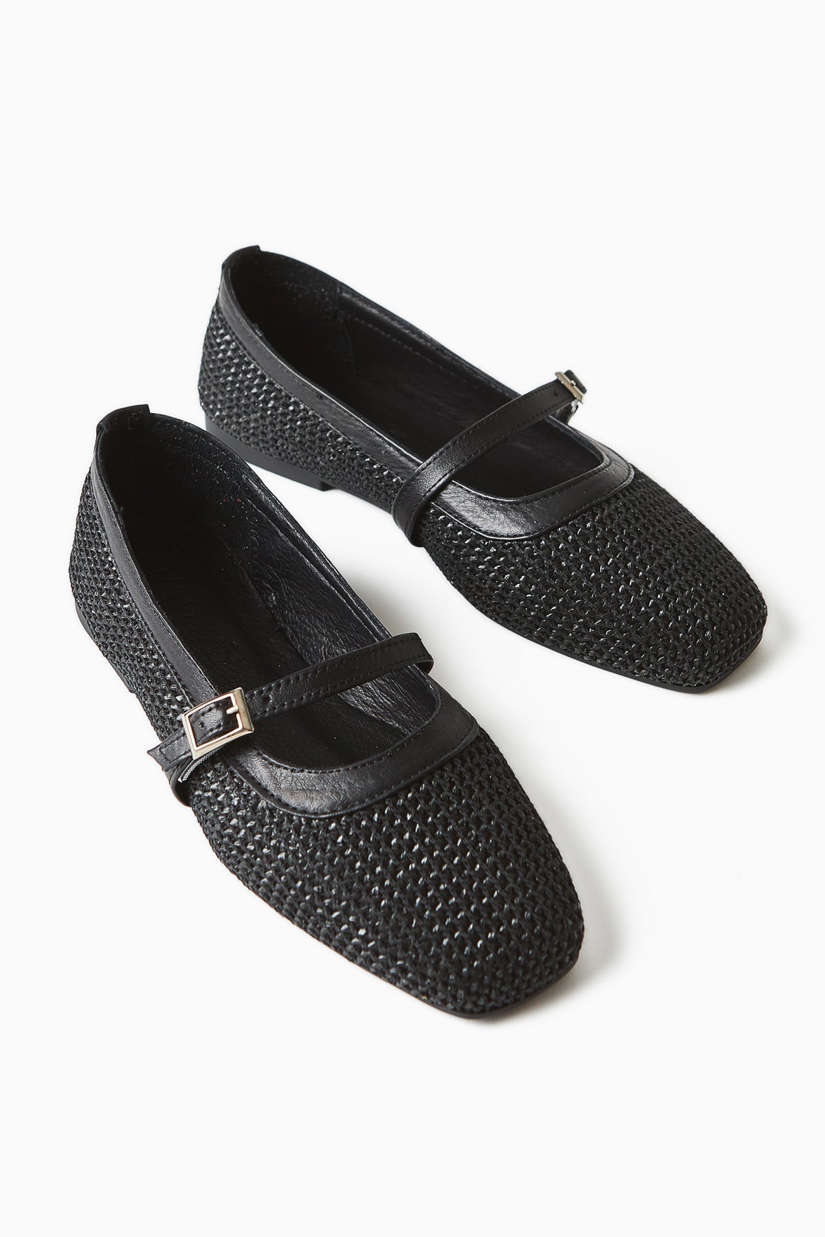Remza Black Women's Ballet Flat with Buckle, Comfortable Daily Shoe, Woven Texture