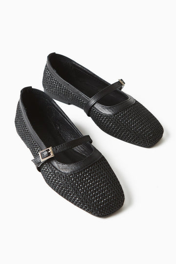 Remza Black Women's Ballet Flat with Buckle, Comfortable Daily Shoe, Woven Texture