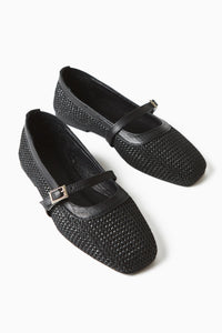Remza Black Women's Ballet Flat with Buckle, Comfortable Daily Shoe, Woven Texture