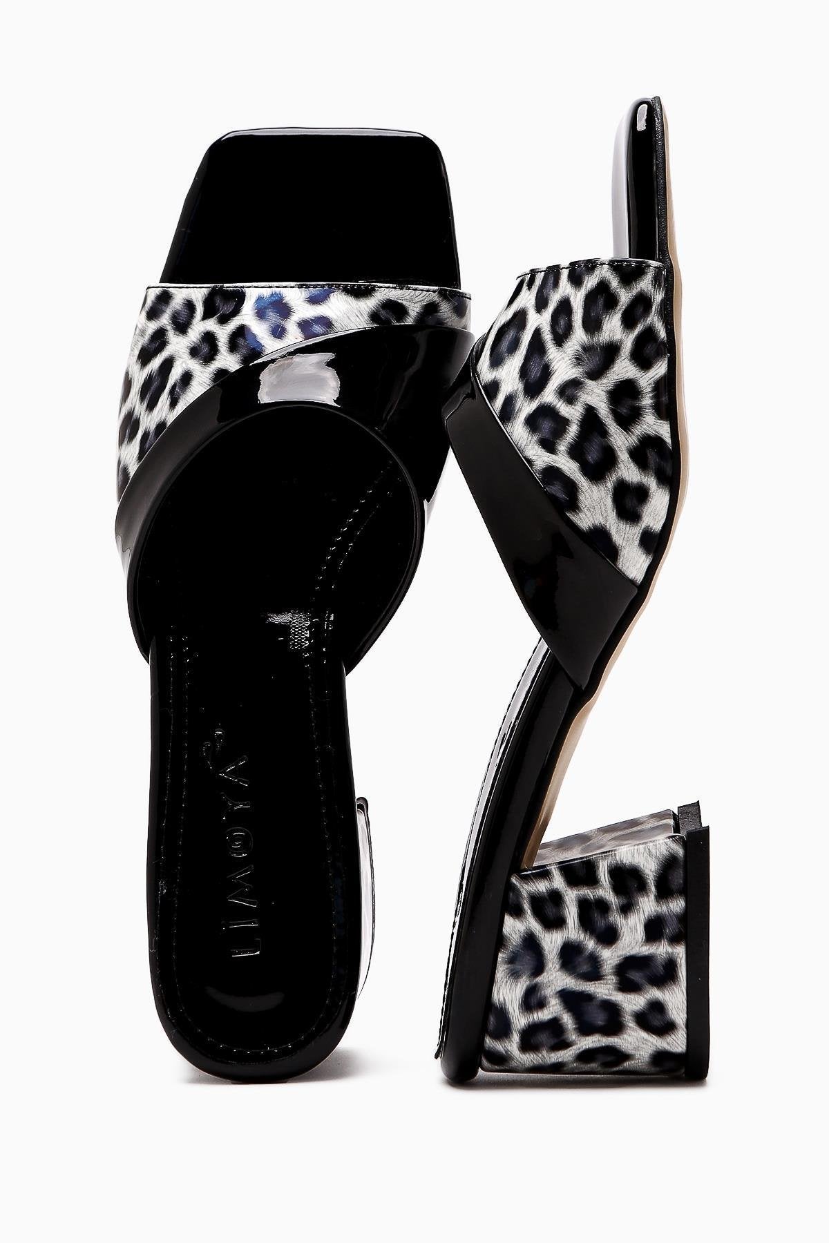 Morena Black Patent Leather Low Heeled Slipper with Leopard Detail
