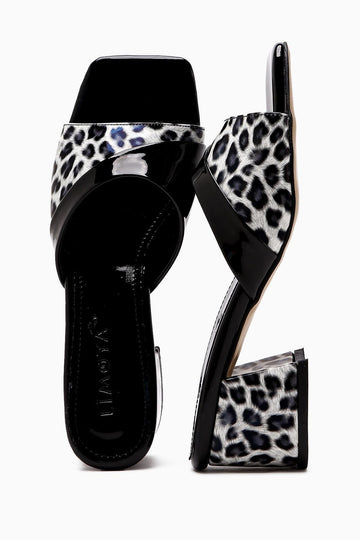 Morena Black Patent Leather Low Heeled Slipper with Leopard Detail