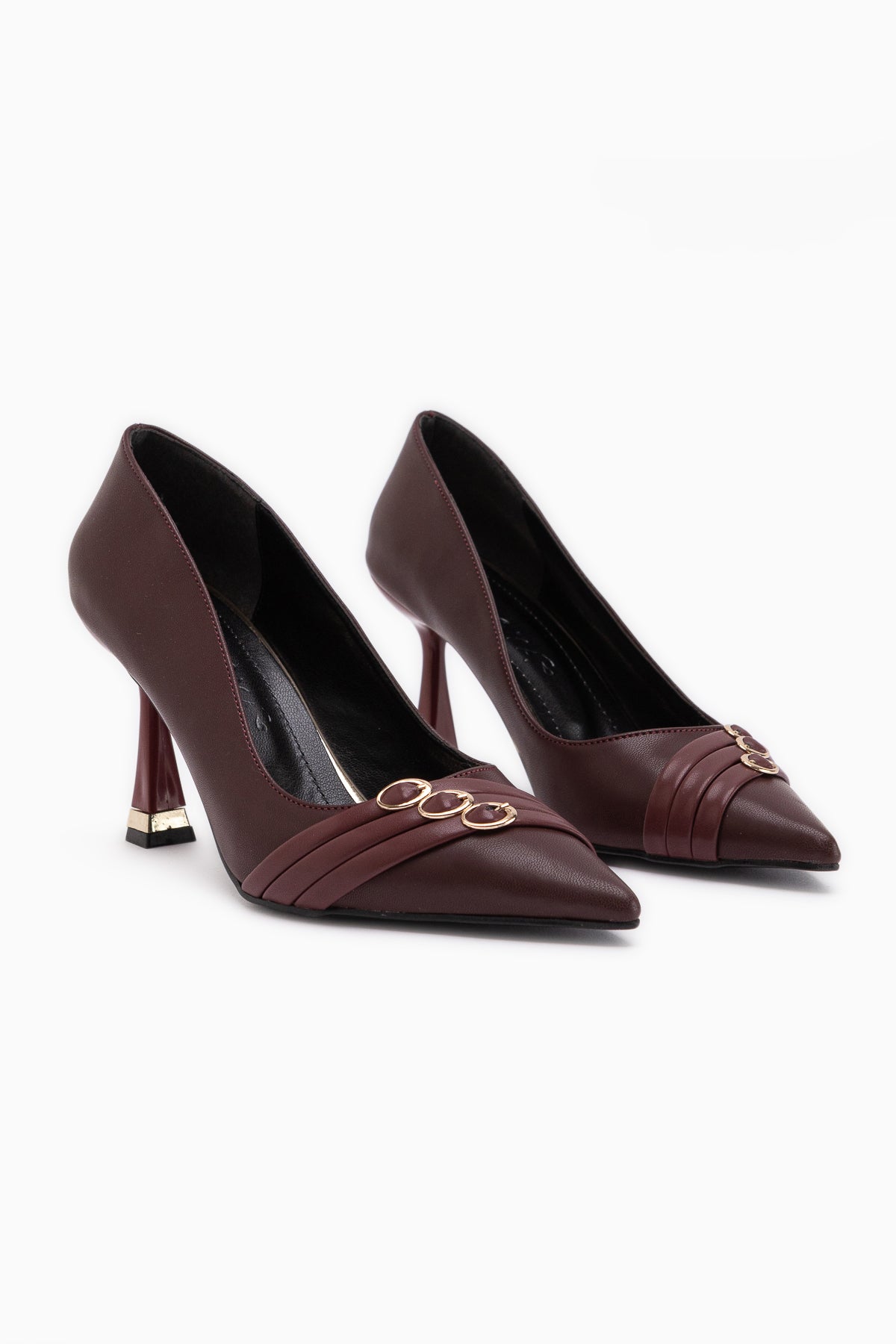 Lavina Burgundy Strap Gold Heeled Pointed Toe Stiletto