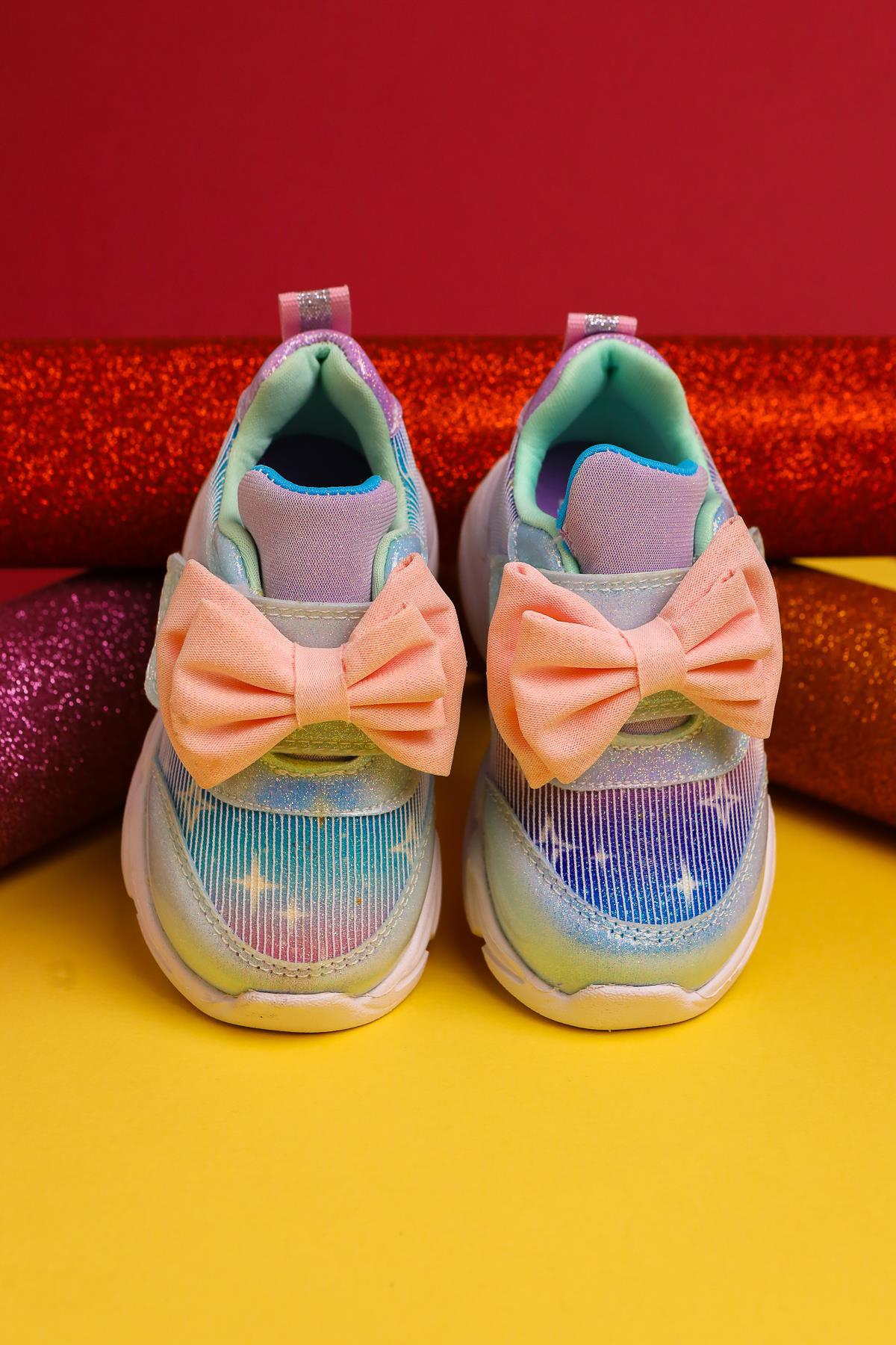Feliz Turquoise Bow-Detailed Velcro Light-Up Baby Sneakers
