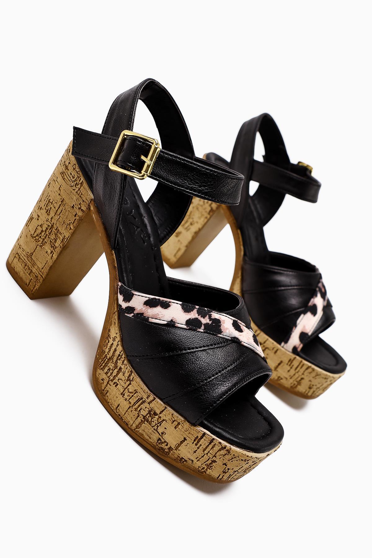 Farah Black Platform Wedge Sandals with Leopard Detail