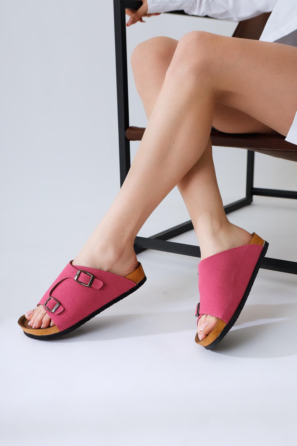 Christella Fuchsia Suede Slippers with Double Buckle Details